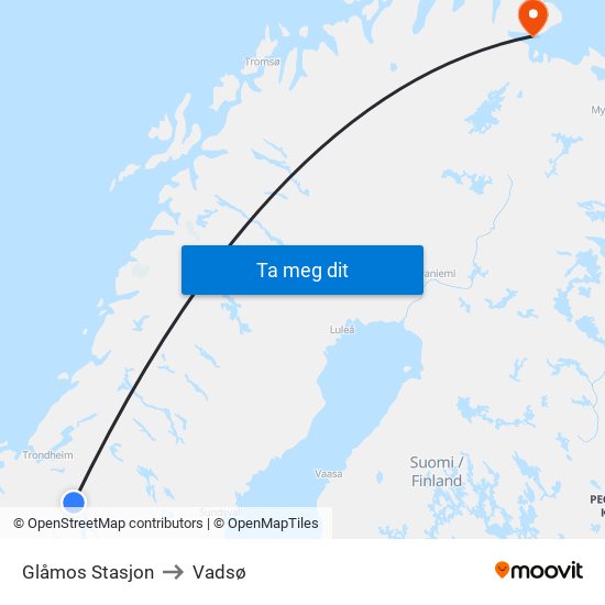 Glåmos Stasjon to Vadsø map