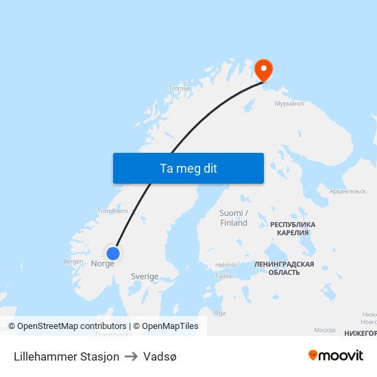 Lillehammer Stasjon to Vadsø map