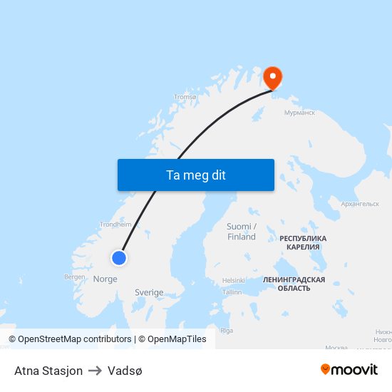 Atna Stasjon to Vadsø map