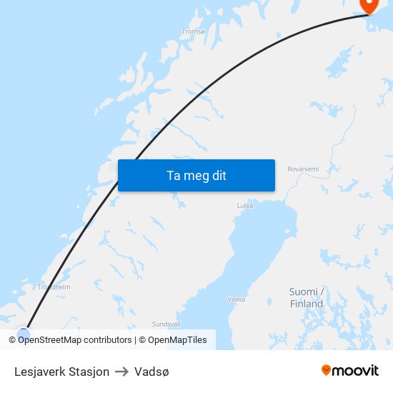 Lesjaverk Stasjon to Vadsø map