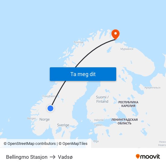 Bellingmo Stasjon to Vadsø map