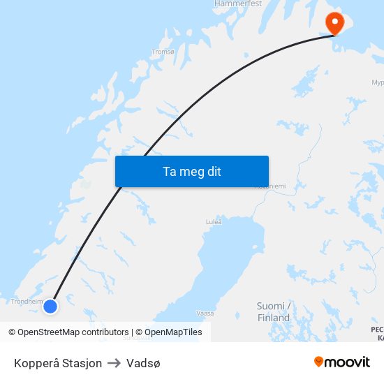 Kopperå Stasjon to Vadsø map