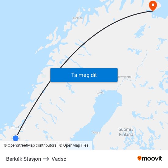 Berkåk Stasjon to Vadsø map