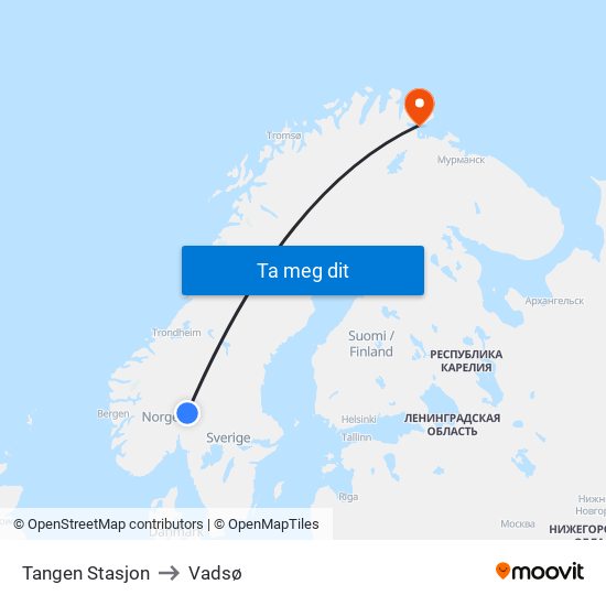Tangen Stasjon to Vadsø map