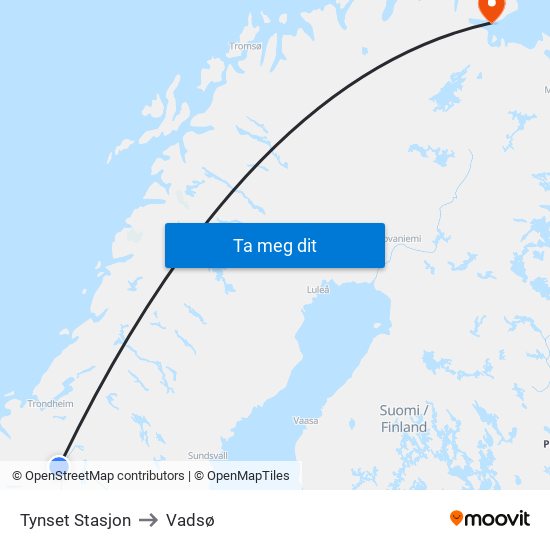 Tynset Stasjon to Vadsø map
