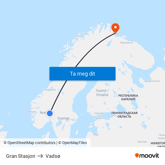 Gran Stasjon to Vadsø map