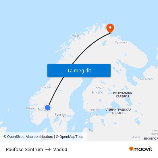 Raufoss Sentrum to Vadsø map