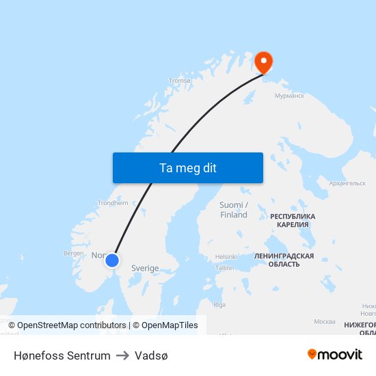 Hønefoss Sentrum to Vadsø map