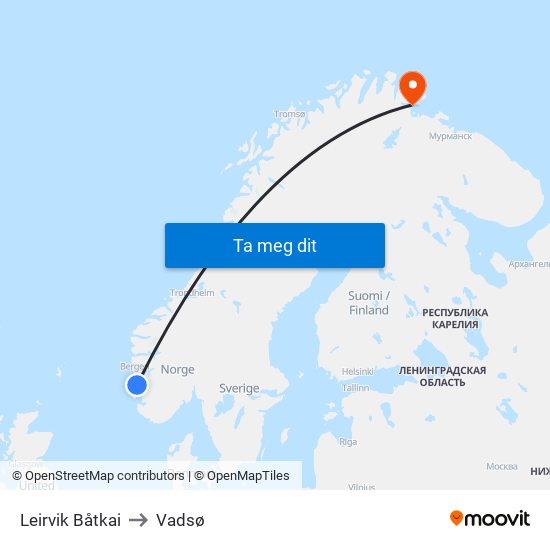 Leirvik Båtkai to Vadsø map