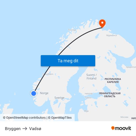 Bryggen to Vadsø map