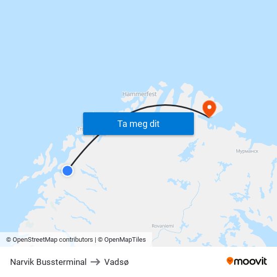 Narvik Bussterminal to Vadsø map