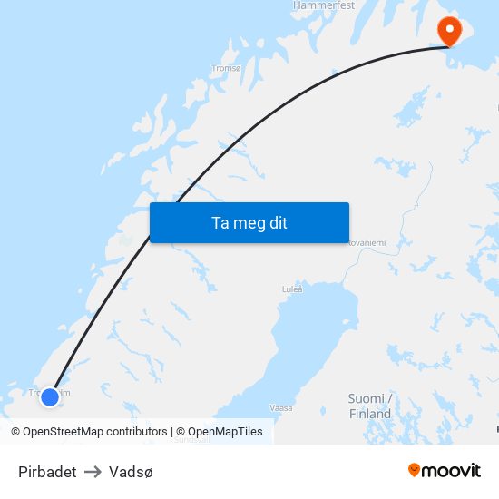 Pirbadet to Vadsø map