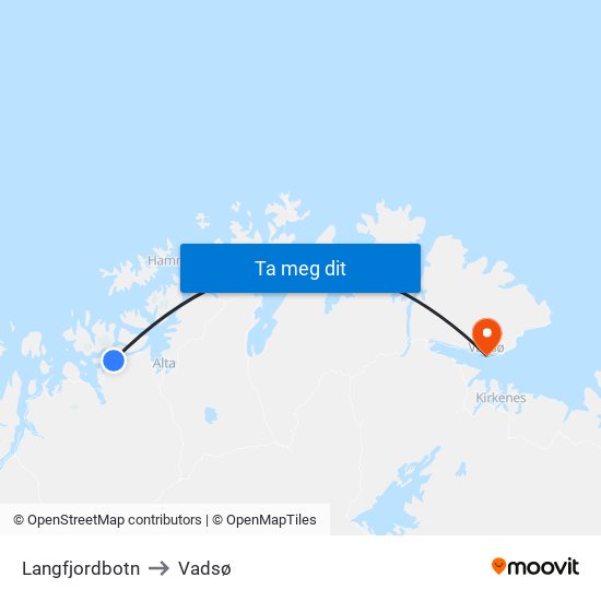 Langfjordbotn to Vadsø map