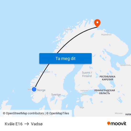 Kvåle E16 to Vadsø map