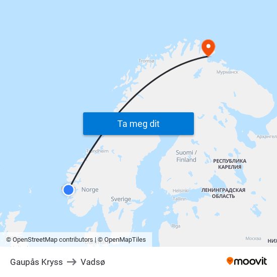 Gaupås Kryss to Vadsø map
