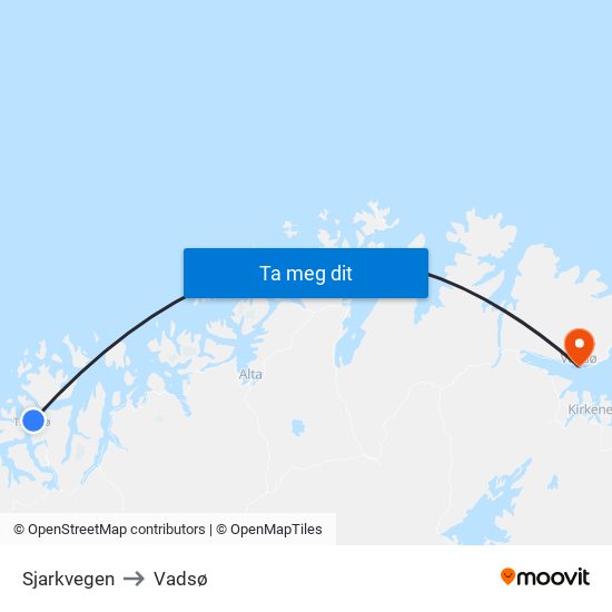 Sjarkvegen to Vadsø map