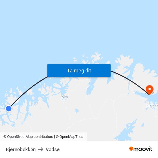 Bjørnebekken to Vadsø map