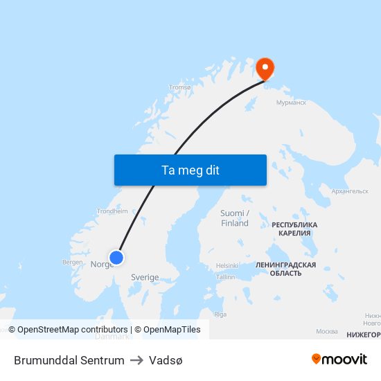 Brumunddal Sentrum to Vadsø map