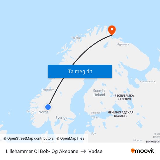 Lillehammer Ol Bob- Og Akebane to Vadsø map