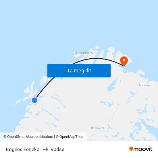 Bognes Ferjekai to Vadsø map