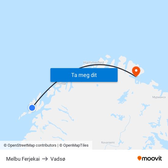 Melbu Ferjekai to Vadsø map