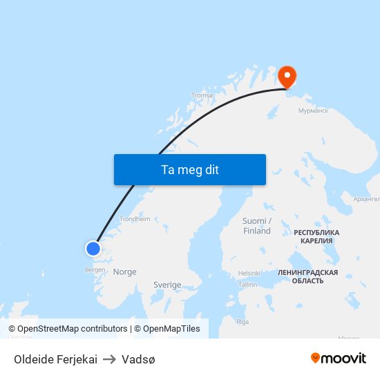 Oldeide Ferjekai to Vadsø map