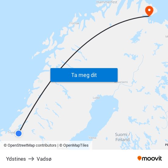 Ydstines to Vadsø map