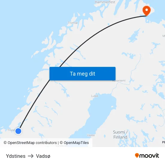 Ydstines to Vadsø map