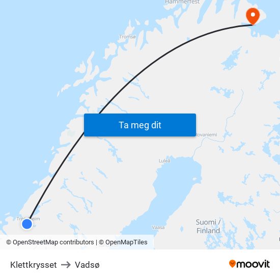 Klettkrysset to Vadsø map