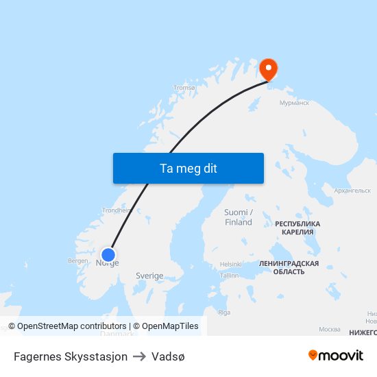 Fagernes Skysstasjon to Vadsø map