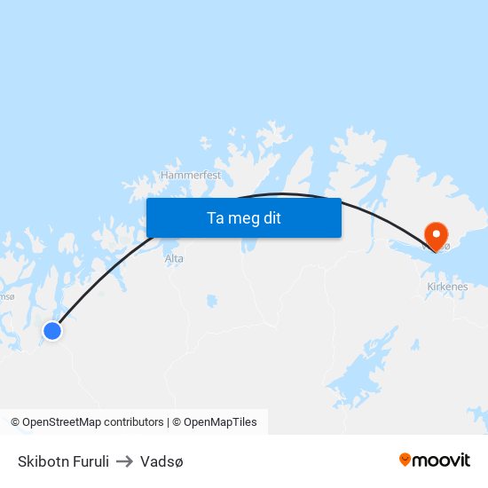 Skibotn Furuli to Vadsø map