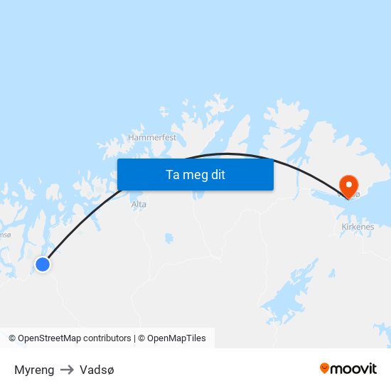 Myreng to Vadsø map