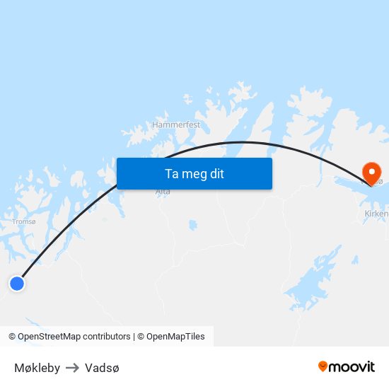 Møkleby to Vadsø map