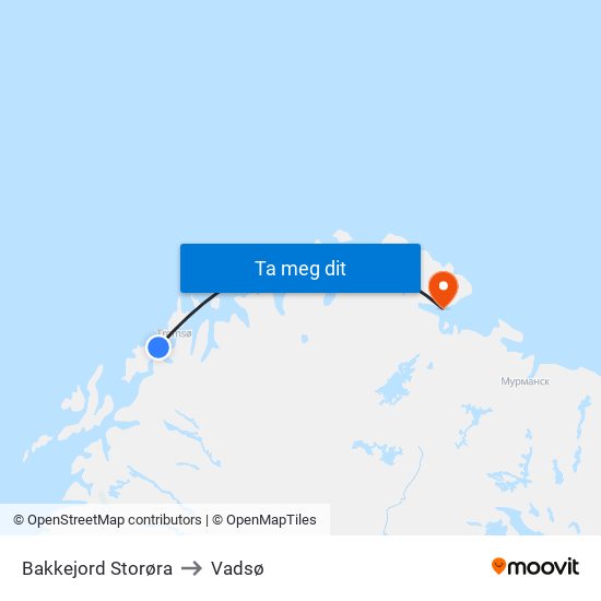 Bakkejord Storøra to Vadsø map