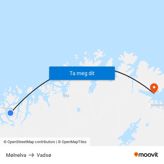 Mølnelva to Vadsø map
