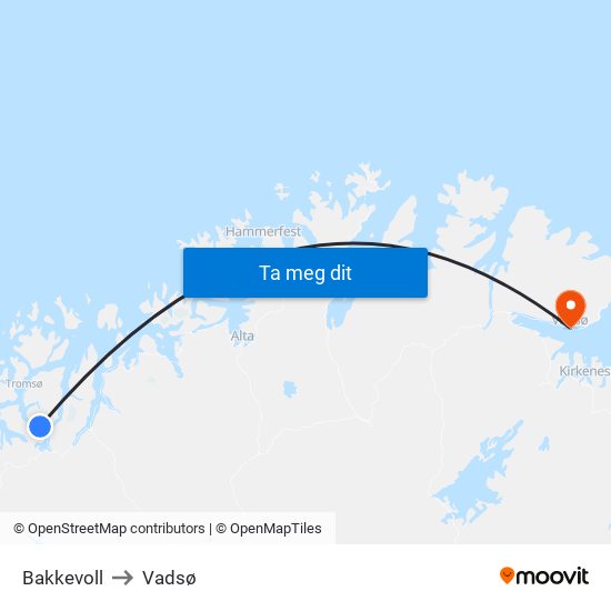 Bakkevoll to Vadsø map