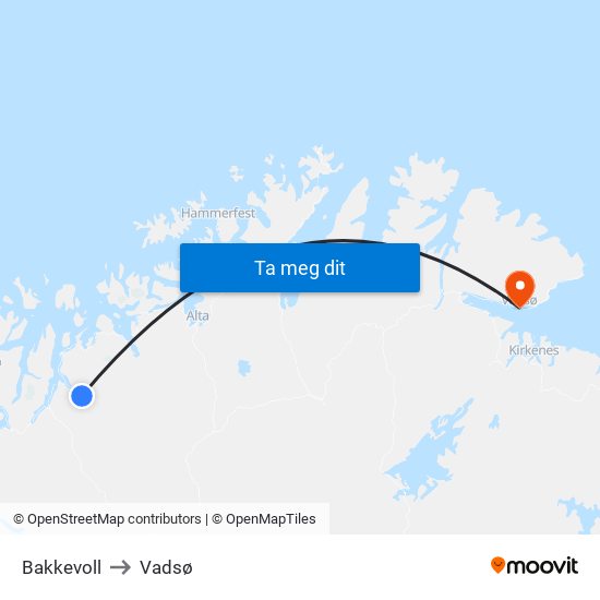 Bakkevoll to Vadsø map