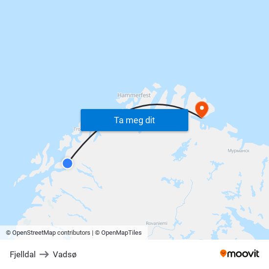 Fjelldal to Vadsø map