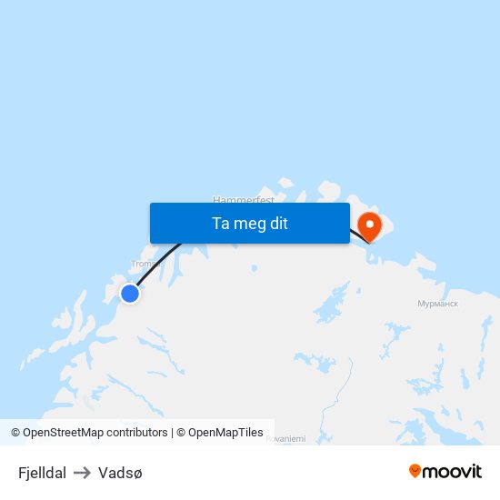 Fjelldal to Vadsø map