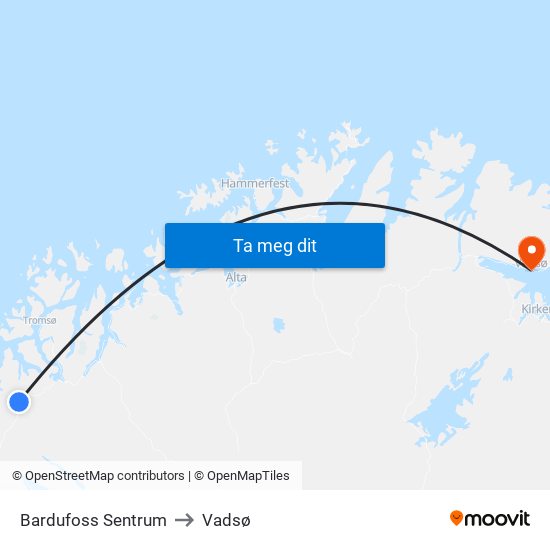 Bardufoss Sentrum to Vadsø map