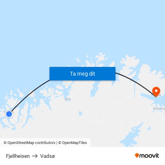 Fjellheisen to Vadsø map