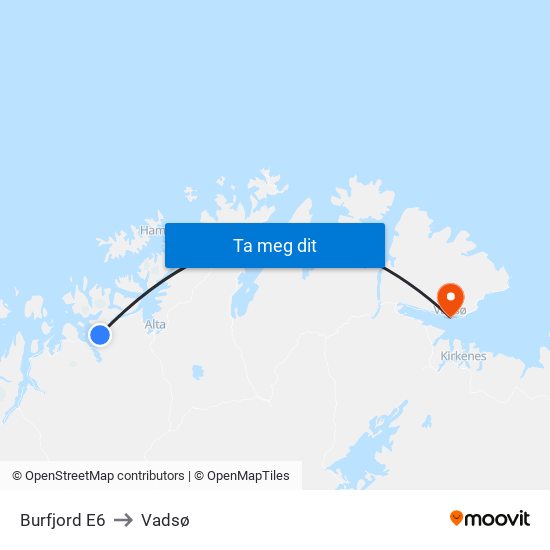 Burfjord E6 to Vadsø map