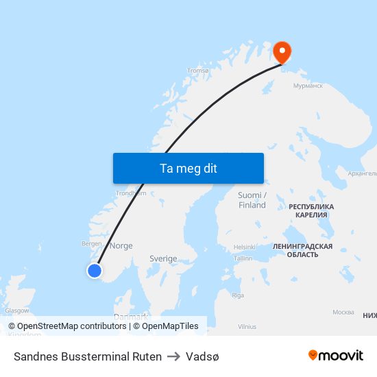 Sandnes Bussterminal Ruten to Vadsø map