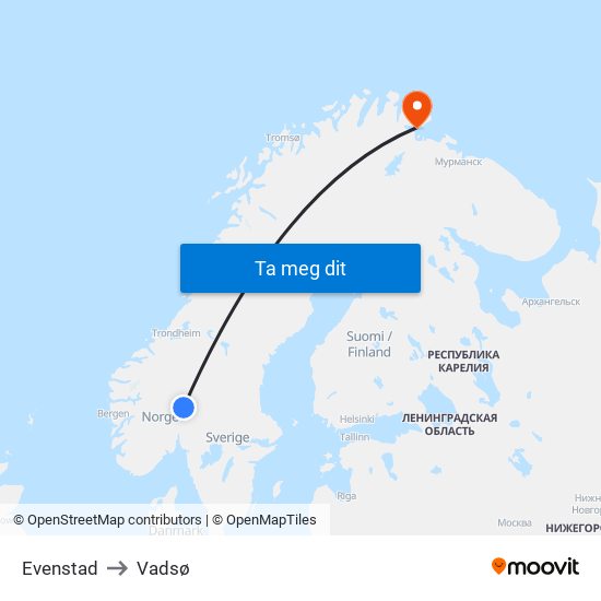 Evenstad to Vadsø map