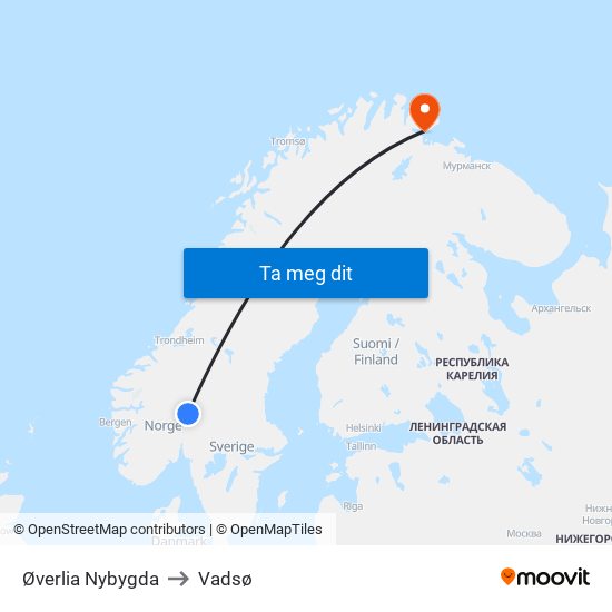 Øverlia Nybygda to Vadsø map