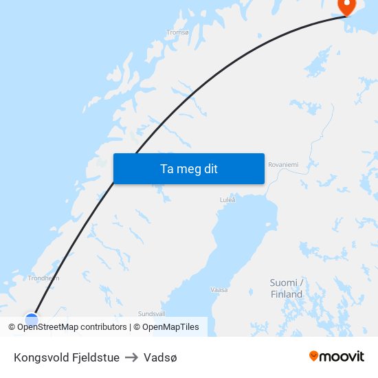 Kongsvold Fjeldstue to Vadsø map