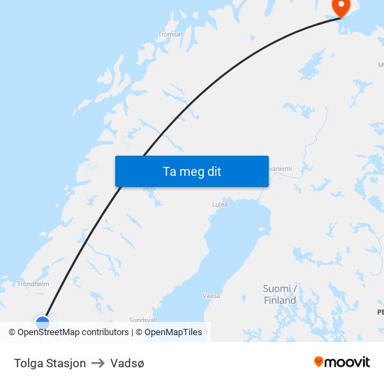 Tolga Stasjon to Vadsø map