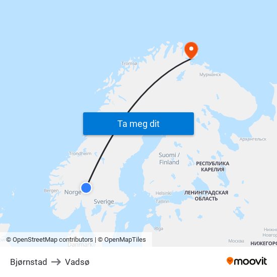 Bjørnstad to Vadsø map