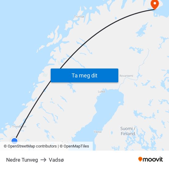 Nedre Tunveg to Vadsø map