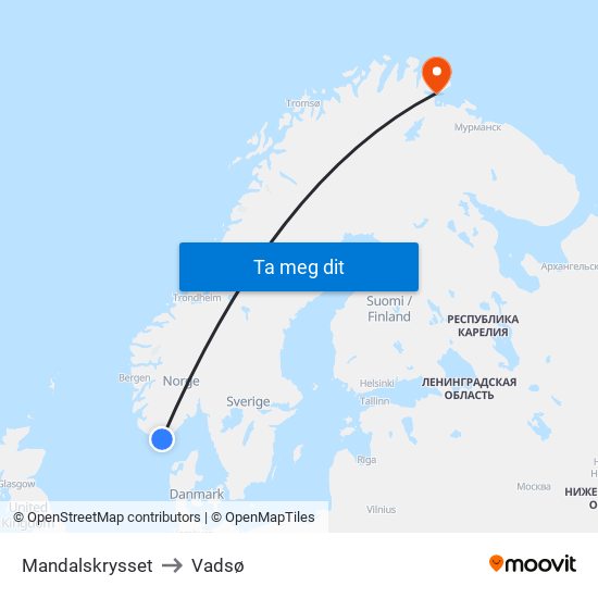 Mandalskrysset to Vadsø map